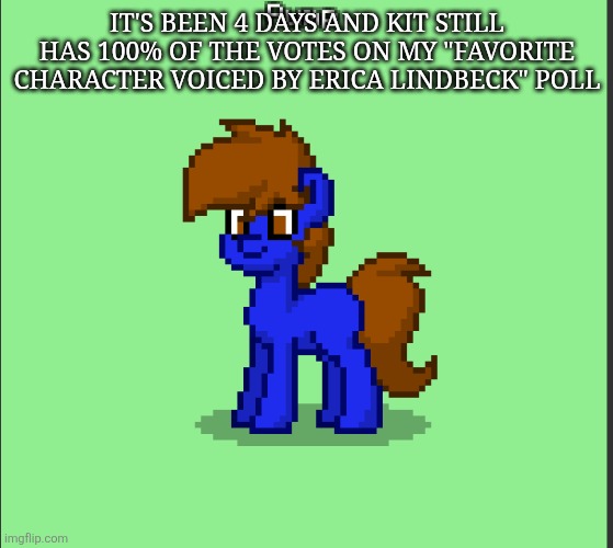Blaze, Raffina, and Loona just getting left out here | IT'S BEEN 4 DAYS AND KIT STILL HAS 100% OF THE VOTES ON MY "FAVORITE CHARACTER VOICED BY ERICA LINDBECK" POLL | image tagged in pony pump except in pony town | made w/ Imgflip meme maker