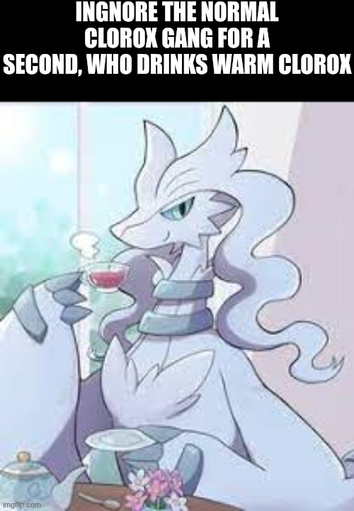 warm clorox has to taste better, right? | ingnore the normal clorox gang for a second, who drinks warm clorox | image tagged in reshiram drinking somthing | made w/ Imgflip meme maker