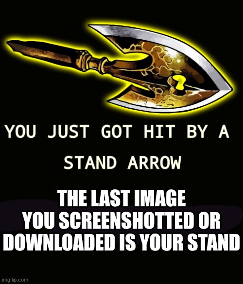 don't be shy, show us | the last image you screenshotted or downloaded is your stand | image tagged in stand arrow | made w/ Imgflip meme maker