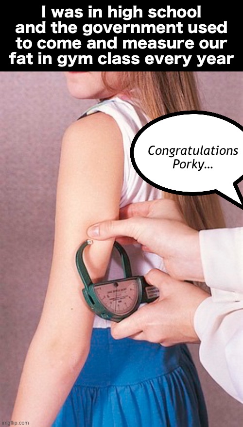 I wasn’t fat. But, I was definitely pushing maximum density. | I was in high school
and the government used to come and measure our fat in gym class every year; Congratulations Porky… | image tagged in funny memes,80s,gen x,presidential fitness program | made w/ Imgflip meme maker