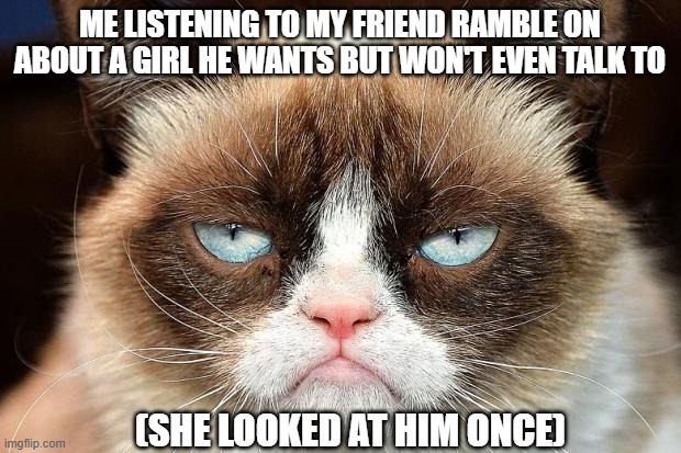 Delusional Friend | Me listening to my friend ramble on about a girl he wants but won't even talk to; (SHE LOOKED AT HIM once) | image tagged in memes,grumpy cat not amused,grumpy cat | made w/ Imgflip meme maker