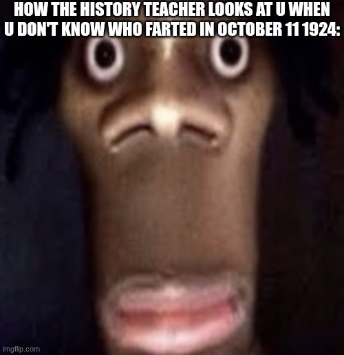 4 real | how the history teacher looks at u when u don't know who farted in October 11 1924: | image tagged in quandale dingle | made w/ Imgflip meme maker