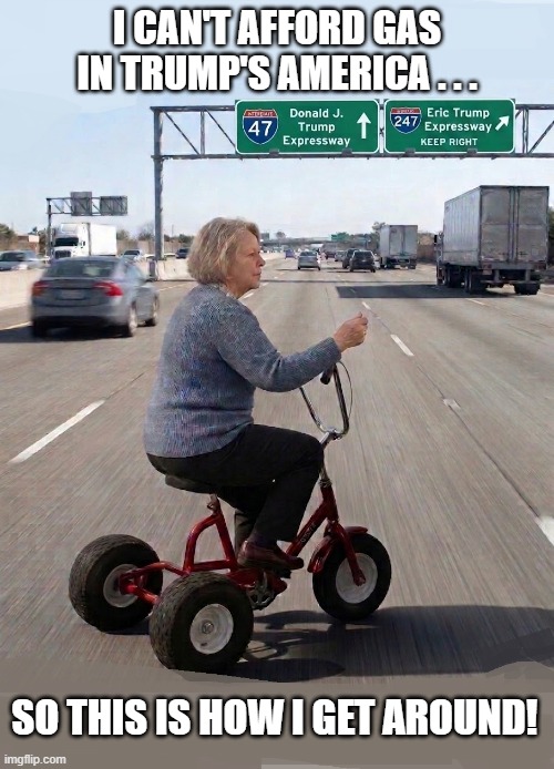 Expensive Gas in Trump's America | i can't afford gas in trump's america . . . so this is how i get around! | image tagged in adult tricycle,high gas prices,i hate donald trump,trump sucks,maga sucks | made w/ Imgflip meme maker
