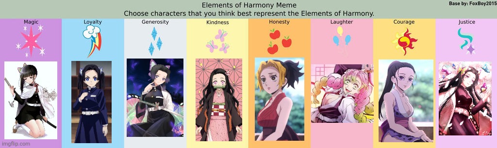 Demon Slayer - Kimetsu No Yaiba Elements of Harmony V2 | image tagged in demon slayer,my little pony,memes,shinobu,nezuko,mitsuri | made w/ Imgflip meme maker
