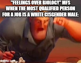 And Yet They Claim To Be Against Discrimination | "Feelings over biology" mfs when the most qualified person for a job is a white cisgender male: | image tagged in mr incredible mad,memes | made w/ Imgflip meme maker