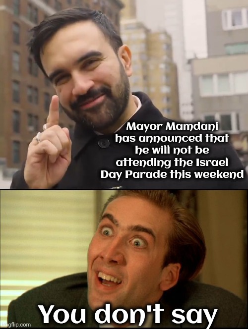 Oh well , anyway | Mayor Mamdani has announced that he will not be attending the Israel Day Parade this weekend; You don't say | image tagged in mamdani,you don't say - nicholas cage,israel parade,new york city,you're joking,obviously | made w/ Imgflip meme maker
