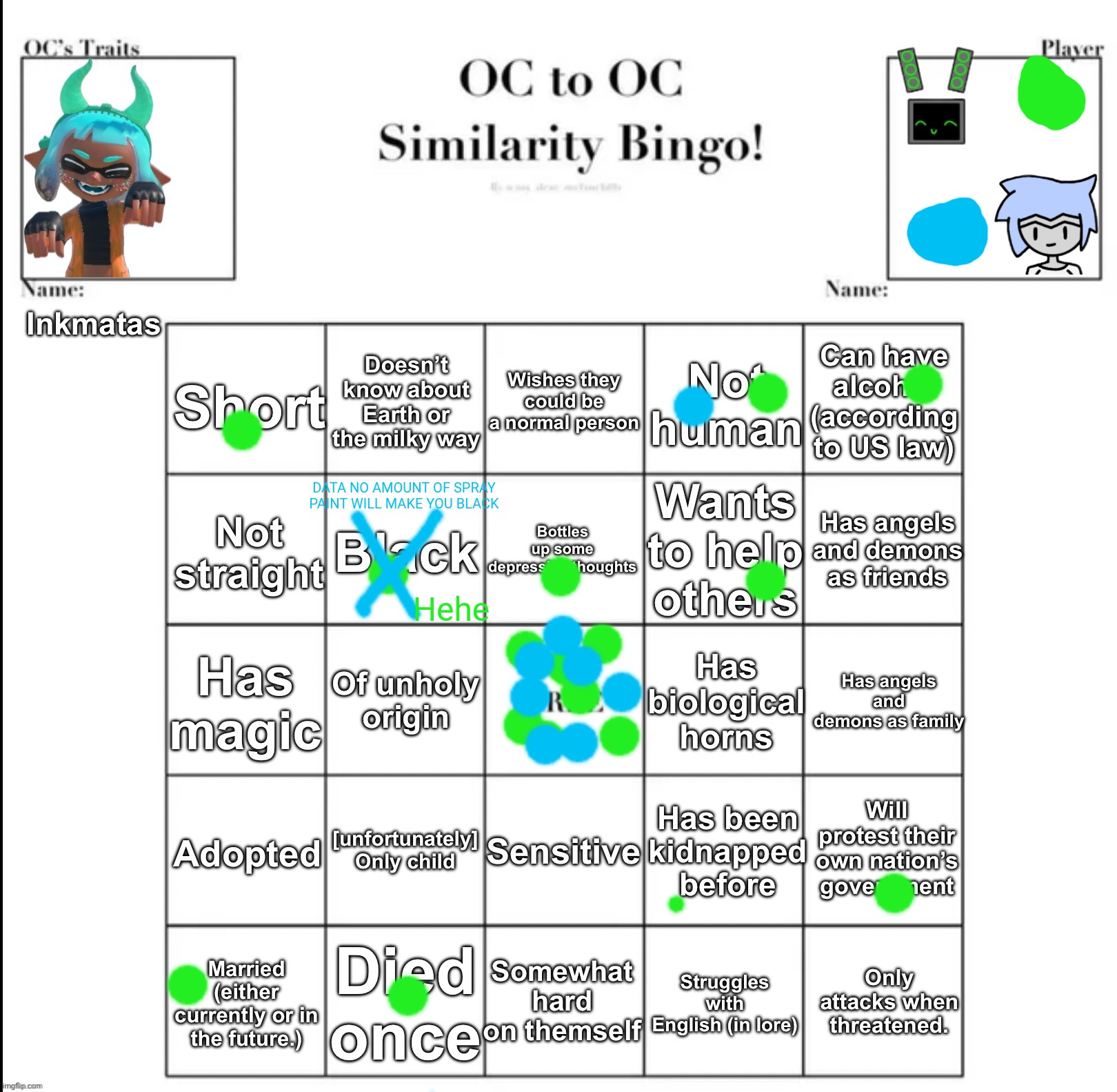 They both wanted to do it but only had one bingo card... and astra didn't realize how screwed up inky's past is | DATA NO AMOUNT OF SPRAY PAINT WILL MAKE YOU BLACK; Hehe | made w/ Imgflip meme maker