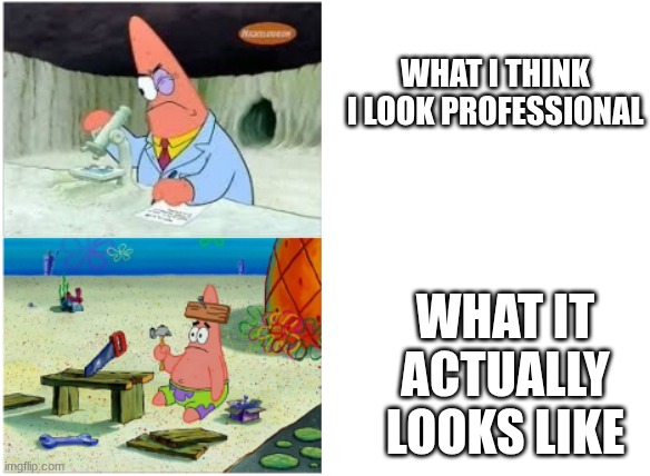 me tryna be professional | what I think I look professional; what it actually looks like | image tagged in patrick smart dumb | made w/ Imgflip meme maker
