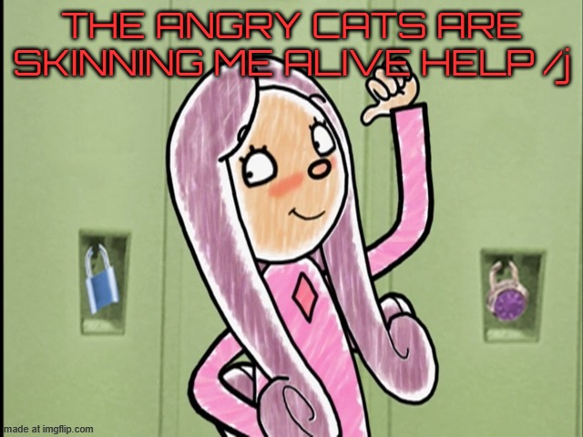 Daffinee pointing | THE ANGRY CATS ARE SKINNING ME ALIVE HELP /j | image tagged in daffinee pointing | made w/ Imgflip meme maker
