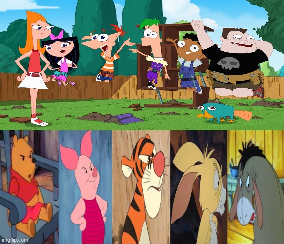 Pooh and friends hate Phineas and Ferb | image tagged in pooh_and_friends_hates__dislikes_and_react_to_who_by_ruandejager,phineas and ferb,winnie the pooh | made w/ Imgflip meme maker