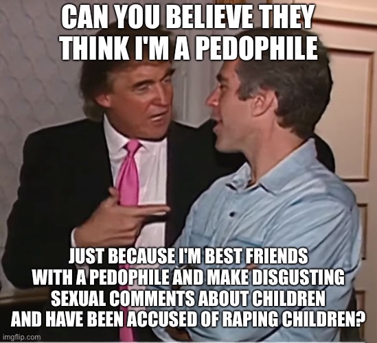 trump epstein party | Can you believe they think I'm a pedophile just because I'm best friends with a pedophile and make disgusting sexual comments about children | image tagged in trump epstein party | made w/ Imgflip meme maker