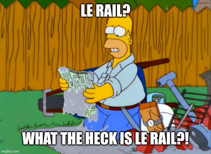 Homer Le Grille | Le rail? WHAT THE HECK IS LE RAIL?! | image tagged in homer le grille | made w/ Imgflip meme maker