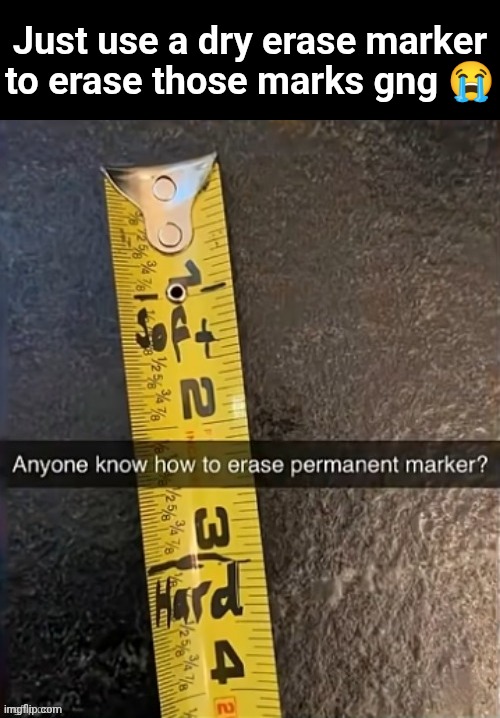 Ruler | Just use a dry erase marker to erase those marks gng 😭 | image tagged in permanent marker,dry erase marker,ruler,memes | made w/ Imgflip meme maker