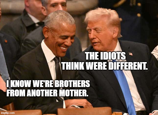 trump obama jimmy carter funeral | The idiots think were different. I know we're brothers from another mother. | image tagged in trump obama jimmy carter funeral | made w/ Imgflip meme maker