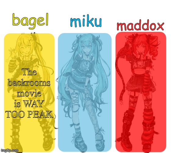miku bagel and maddox temp | The backrooms movie is WAY TOO PEAK | image tagged in miku bagel and maddox temp | made w/ Imgflip meme maker