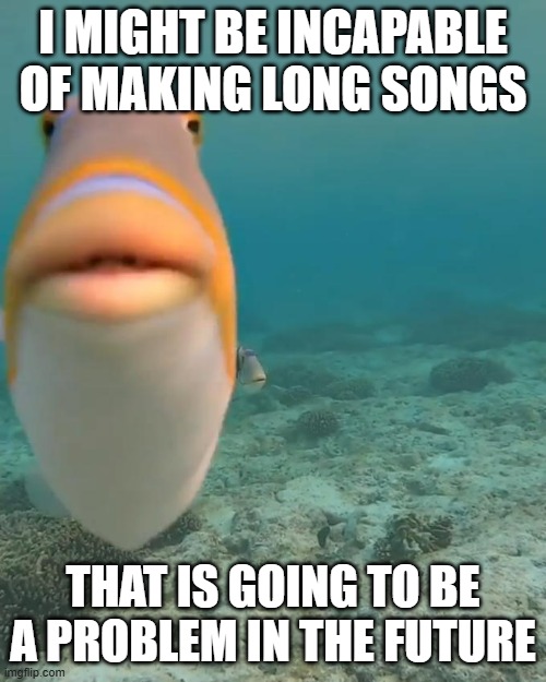 staring fish | i might be incapable of making long songs; that is going to be a problem in the future | image tagged in staring fish | made w/ Imgflip meme maker