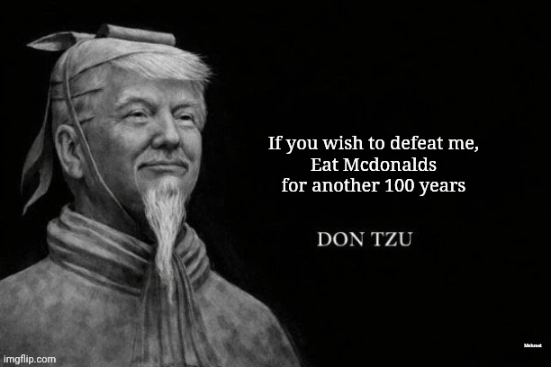 Son tzu american version | If you wish to defeat me,
Eat Mcdonalds for another 100 years; Mehmet | image tagged in don tzu | made w/ Imgflip meme maker