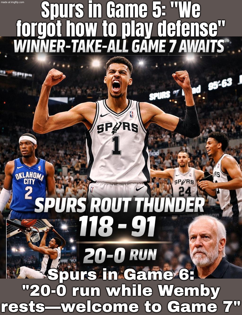 OKC: "Wemby’s resting—now’s our chance"; Spurs bench: *20–0 run while he sits* | Spurs in Game 5: "We forgot how to play defense"; Spurs in Game 6: "20-0 run while Wemby rests—welcome to Game 7" | image tagged in victor wembanyama,spurs,thunder,basketball,basketball meme,sports | made w/ Imgflip meme maker