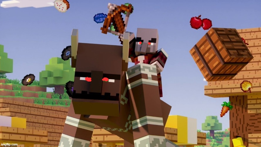 A pillager with red eyes riding a ravager with red eyes | image tagged in pillager riding ravager | made w/ Imgflip meme maker