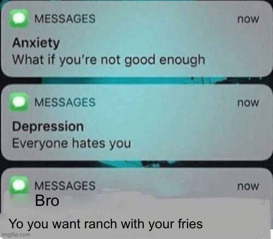 From my old account | Bro; Yo you want ranch with your fries | image tagged in anxiety/depression texts | made w/ Imgflip meme maker