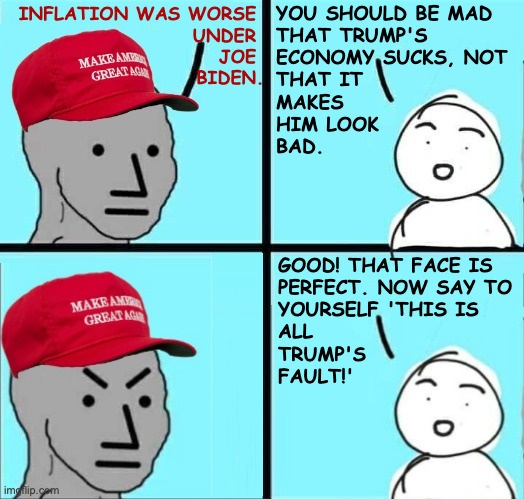 Missionary work. | you should be mad
that trump's
economy sucks, not
that it
makes
him look
bad. inflation was worse 
under 
joe 
biden. good! that face is
perfect. now say to
yourself 'this is
all
trump's
fault!' | image tagged in maga npc an an0nym0us template,memes,trumpflation | made w/ Imgflip meme maker