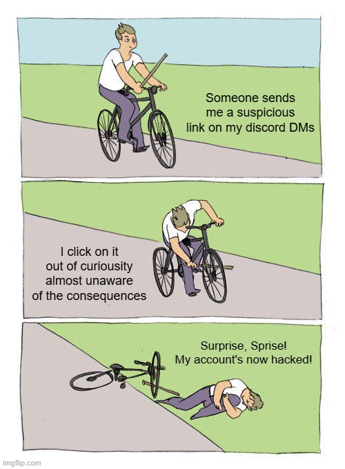 Sometimes, I question my life decisions... | Someone sends me a suspicious link on my discord DMs; I click on it out of curiousity almost unaware of the consequences; Surprise, Sprise! My account's now hacked! | image tagged in memes,bike fall | made w/ Imgflip meme maker