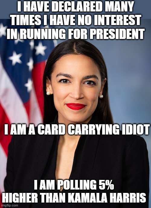 Yeah, the party has a great direction for the future | I have declared many times I have no interest in running for president; i am a card carrying idiot; I am polling 5% higher than Kamala Harris | image tagged in aoc harris potus polling meme | made w/ Imgflip meme maker