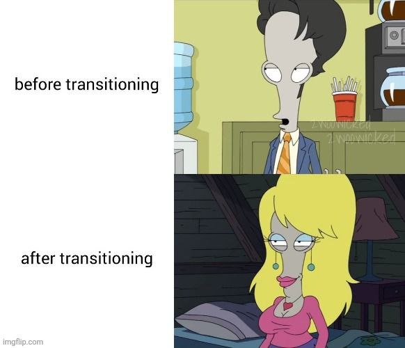 TRANSITIONING | image tagged in memes,american dad,before and after,transgender,trans,roger smith | made w/ Imgflip meme maker