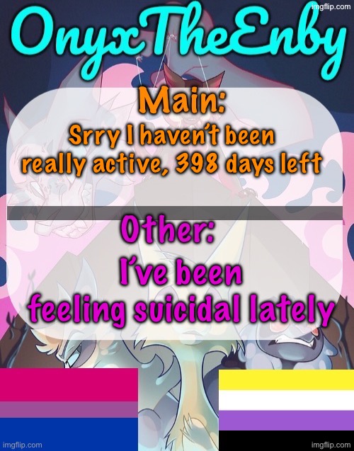 No actions yet, but thoughts kinda crazy | Srry I haven’t been really active, 398 days left; I’ve been feeling suicidal lately | image tagged in onyxtheenby temp | made w/ Imgflip meme maker