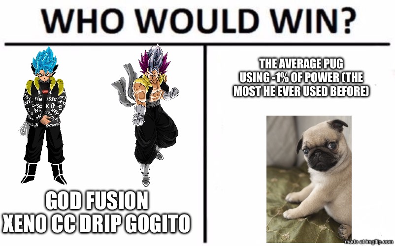 Who Would Win? | The average pug using -1% of power (the most he ever used before); god fusion xeno cc drip gogito | image tagged in memes,who would win,pugs,goku drip | made w/ Imgflip meme maker