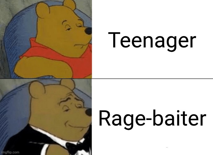 Far from the truth or is it the truth? | Teenager; Rage-baiter | image tagged in memes,tuxedo winnie the pooh | made w/ Imgflip meme maker