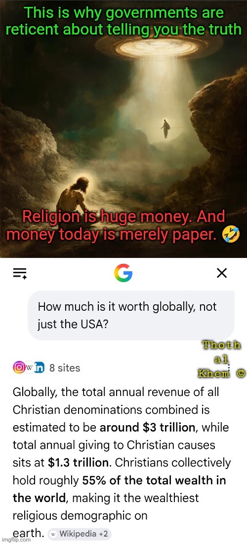 WHY ALIEN DISCLOSURE IS SLOW | image tagged in 3 trillion dollars a year,religion is big money,preacher's life for money,i personally know all the famous ones | made w/ Imgflip meme maker
