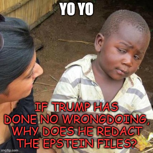 Third World Skeptical Kid Meme | Yo Yo; If Trump has done no wrongdoing, why does he redact the Epstein files? | image tagged in memes,third world skeptical kid | made w/ Imgflip meme maker