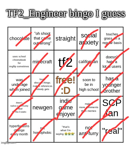 my bingo from like a year ago | image tagged in tf2_engineer's bingo | made w/ Imgflip meme maker