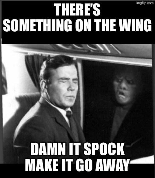 Shatner Twilight Zone something on the wing  | There’s something on the wing Damn it Spock make it go away | image tagged in shatner twilight zone something on the wing | made w/ Imgflip meme maker