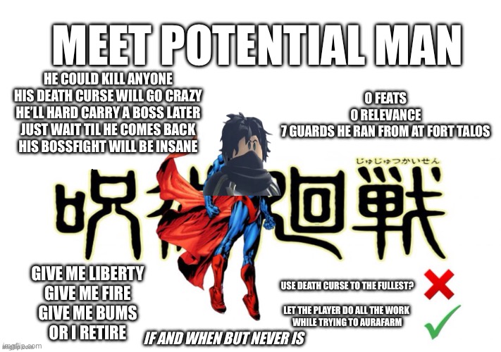 Morden Arcane Odysset Potential | MEET POTENTIAL MAN; He could kill anyone
His death curse will go crazy
He’ll hard carry a boss later
Just wait til he comes back
His bossfight will be insane; 0 Feats
0 Relevance
7 Guards he ran from at fort Talos; Give me liberty
Give me fire
Give me bums
Or I retire; Use death curse to the fullest?
 
Let the player do all the work 
while trying to aurafarm; If and When but never IS | image tagged in potential man blank | made w/ Imgflip meme maker