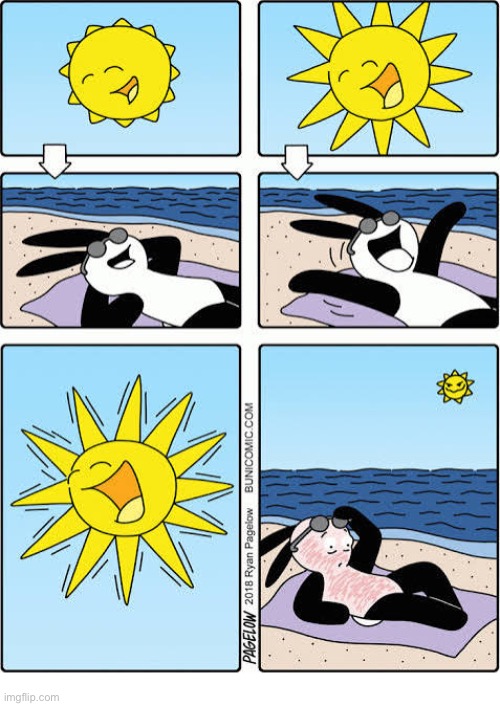 Buni Comics | image tagged in comics,buni comics,beach,sun,overzealous,sunburn | made w/ Imgflip meme maker