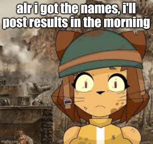 Goon night youse guys | alr i got the names, i'll post results in the morning | image tagged in kit 1000 yard stare | made w/ Imgflip meme maker