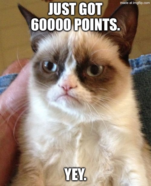 Grumpy Cat | Just got 60000 points. Yey. | image tagged in memes,grumpy cat | made w/ Imgflip meme maker