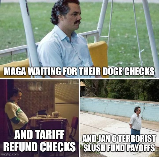 Sad Pablo Escobar Meme | Maga waiting for their doge checks; and tariff refund checks; and Jan 6 terrorist slush fund payoffs | image tagged in memes,sad pablo escobar | made w/ Imgflip meme maker