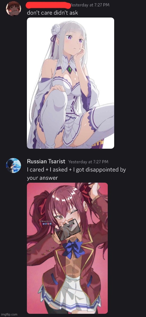 Discord convo with my friend | image tagged in classroom of the elite,amasawa,re zero,emilia | made w/ Imgflip meme maker