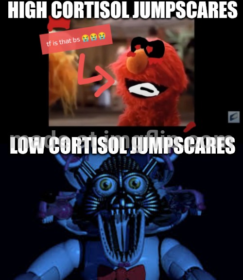 High cortisol jumpscares Low cortisol jumpscares | image tagged in funtime foxy jumpscare fnaf sister location | made w/ Imgflip meme maker