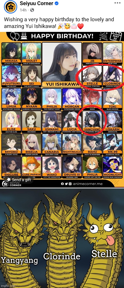 Yui Ishikawa is Thanos, but collecting many Waifu from every famous Gacha Games. | Stelle; Clorinde; Yangyang | image tagged in three-headed dragon,same voice actor,happy birthday,gacha | made w/ Imgflip meme maker