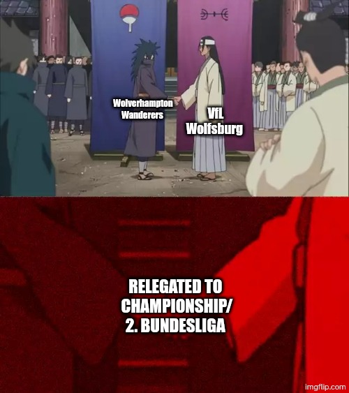 The Two Relegated Wolves | VfL Wolfsburg; Wolverhampton Wanderers; Relegated to 
Championship/
2. Bundesliga | image tagged in naruto handshake meme template | made w/ Imgflip meme maker