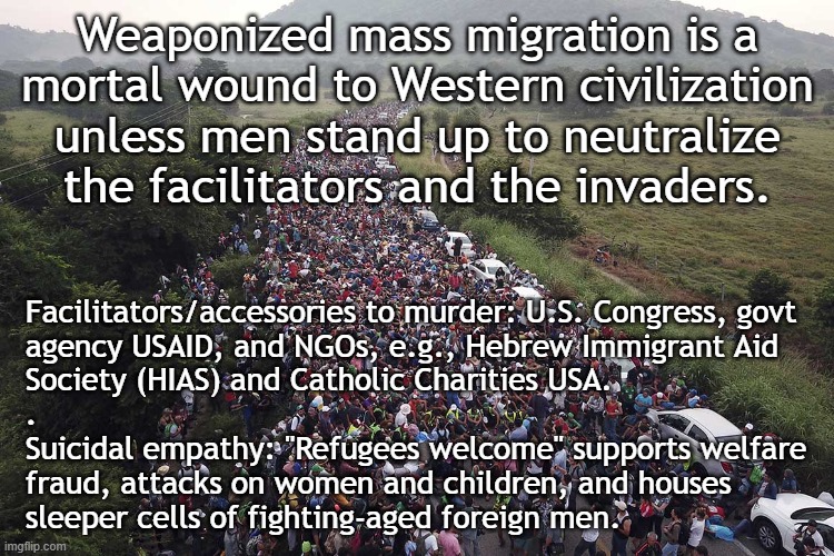 Weaponized mass migration is a mortal wound to Western civilization unless | Weaponized mass migration is a
mortal wound to Western civilization
unless men stand up to neutralize
the facilitators and the invaders. Facilitators/accessories to murder: U.S. Congress, govt
agency USAID, and NGOs, e.g., Hebrew Immigrant Aid 
Society (HIAS) and Catholic Charities USA.
.
Suicidal empathy: "Refugees welcome" supports welfare
fraud, attacks on women and children, and houses
sleeper cells of fighting-aged foreign men. | image tagged in illegal aliens,illegal immigration,illegal immigrants,barbarian,invasion,deportation | made w/ Imgflip meme maker