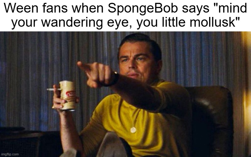 Ween fans when SpongeBob says "mind your wandering eye, you little mollusk" | image tagged in leo pointing | made w/ Imgflip meme maker