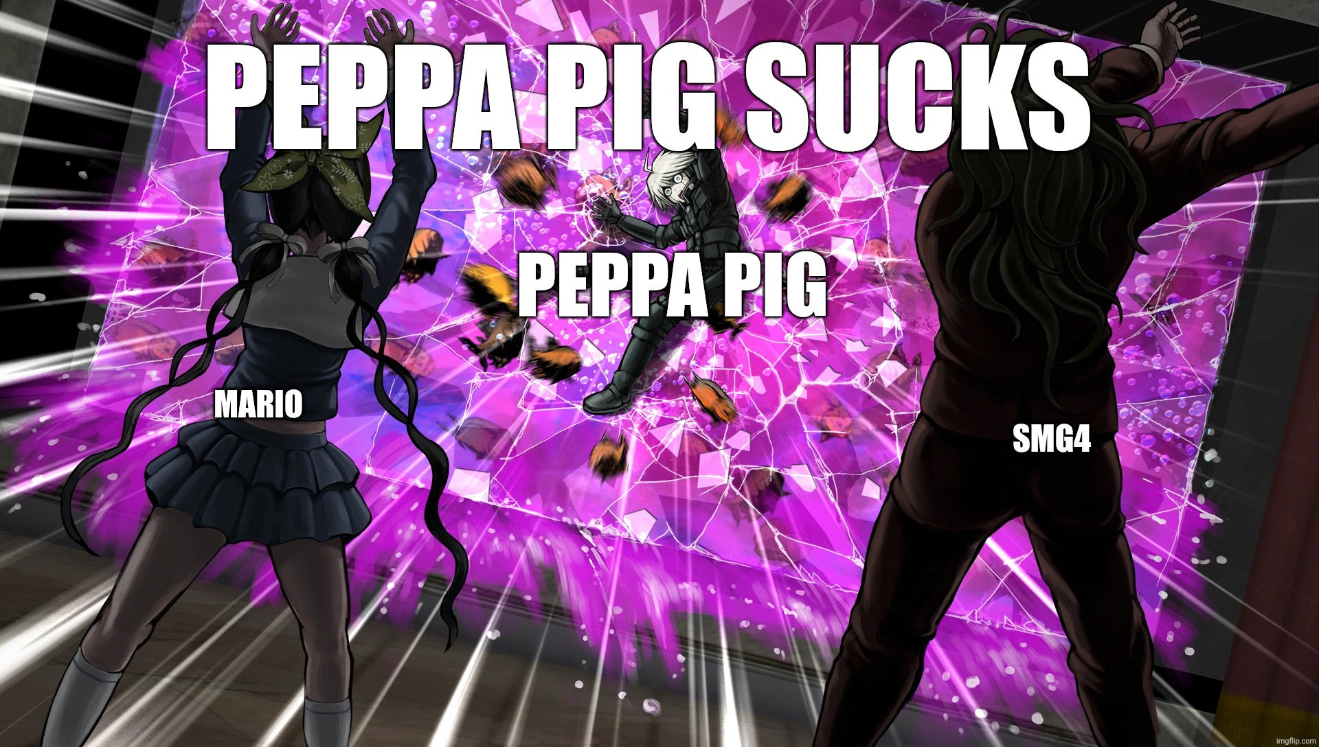 Peppa pig sucks!!! | Peppa pig sucks; Peppa pig; Smg4; Mario | image tagged in gonta and tenko throw k1-bo at glass,peppa pig,smg4,super mario bros | made w/ Imgflip meme maker