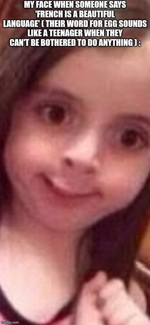 Screenshot_20260528_195439_WhatsApp.jpg | My face when someone says 'french is a beautiful language' ( their word for egg sounds like a teenager when they can't be bothered to do anything ) : | image tagged in screenshot_20260528_195439_whatsapp jpg | made w/ Imgflip meme maker