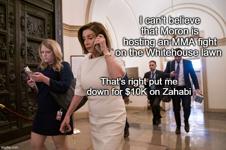 I can't believe that Moron is hosting an MMA fight on the Whitehouse lawn That's right put me down for $10K on Zahabi | made w/ Imgflip meme maker