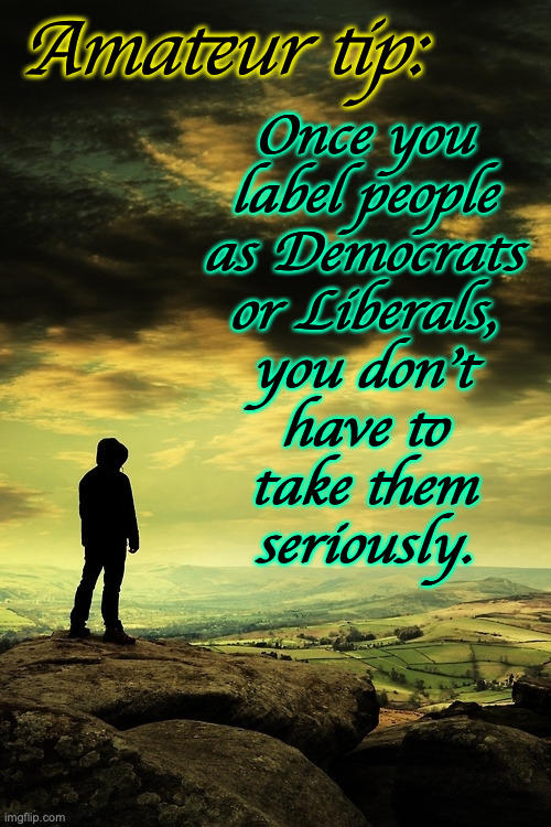 Words to live by. | Amateur tip:; Once you
label people
as Democrats
or Liberals,
you don't
have to
take them
seriously. | image tagged in deep thoughts,memes,amateur tip,fitting in | made w/ Imgflip meme maker